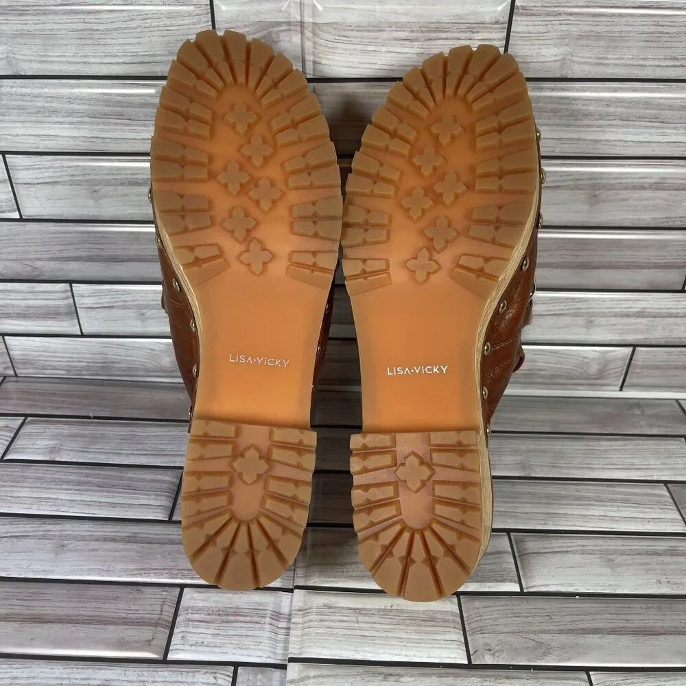 Lisa Vicky Brown Leather Mules with Gold Chain - Picture 9 of 10